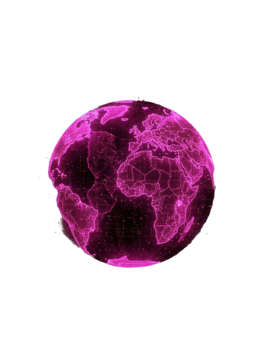 Remove any remaining black background from the existing dimmer black-and-magenta globe image. Preserve the globe, its softer magenta glow, shape, and details, and make the surrounding background fully transparent. Do not add any new background.