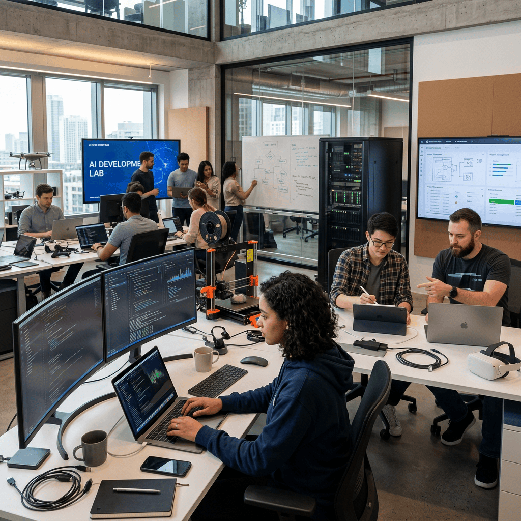 AI development team working together in a modern technology lab